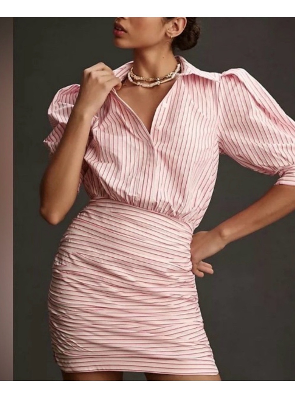 Anthropologie Maeve Fitted Ruched Pink Striped Mini Shirt Dress Size large